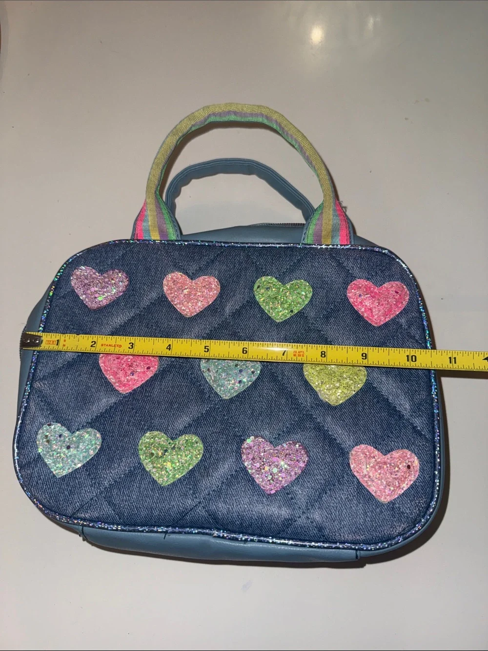 OMG Accessories Sparkle Heart Denim Lunch Bag - Blue with Multicolor Hearts